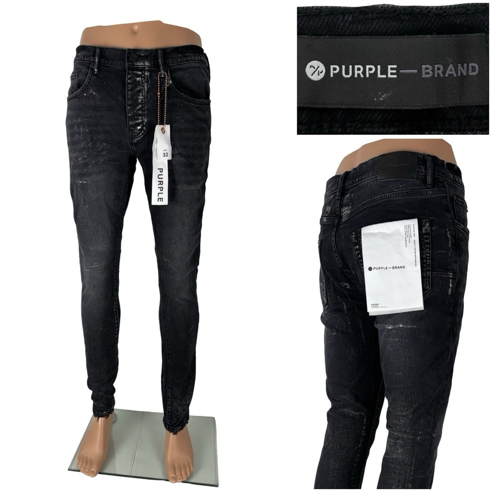 Purple Brand Mens 32 Jeans P001 Black Wash Metallic Silver Slim Fit Low Rise